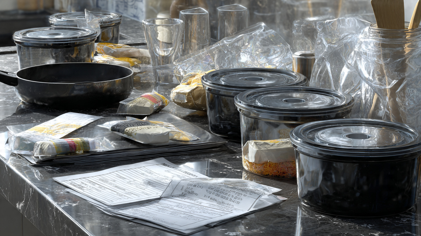 Kitchen countertop with black plastic containers, nonstick pan, receipts, plastic-lined cups, and packaged food, arranged as a hidden health hazard scene.
