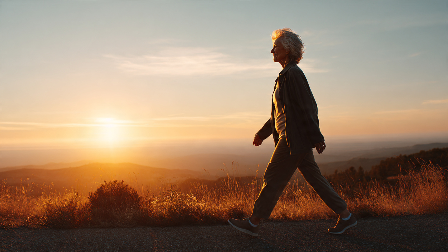 A healthy older adult walking confidently outdoors at sunrise, strong posture, energized expression, long-term vitality, peaceful landscape, hopeful and inspiring.