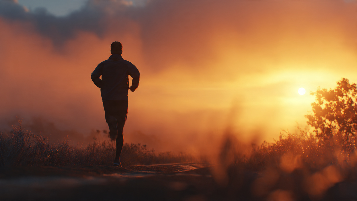 An early morning outdoor exercise scene with a person brisk walking or jogging in soft sunrise light, focused energy, wellness and momentum, clean natural setting.