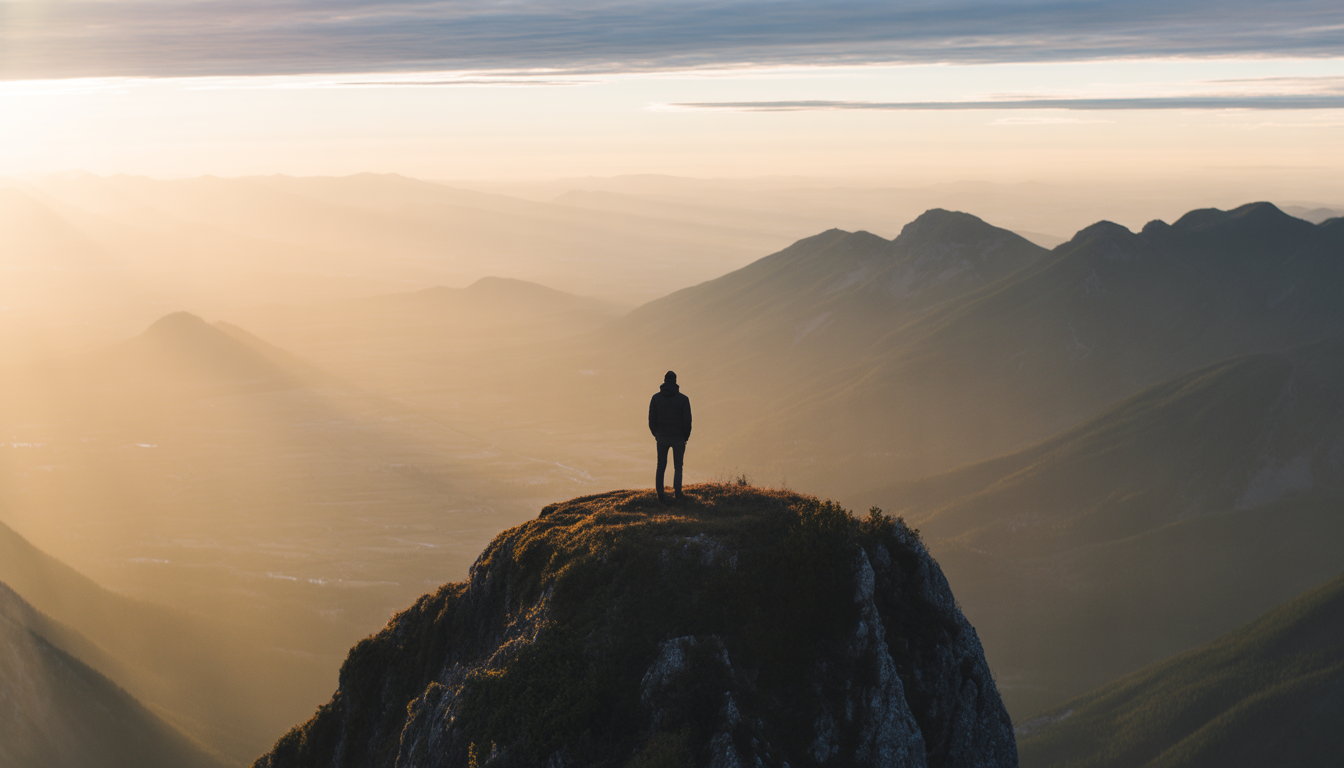 A lone figure standing at the edge of a misty mountain peak at golden hour, back to camera, looking out over a vast valley. Soft sunrise light breaking through clouds. Cinematic, inspirational, motivational photography style. 