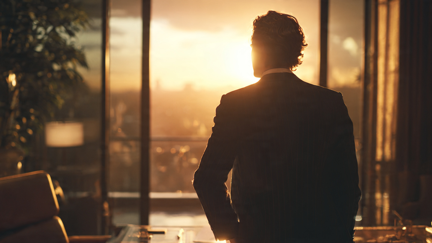 A man in a tailored suit standing in a sleek Hollywood office, shot from behind him, golden hour lighting, hand resting on a desk with a contract visible, looking thoughtfully out a window at sunrise. Moody, cinematic lighting.