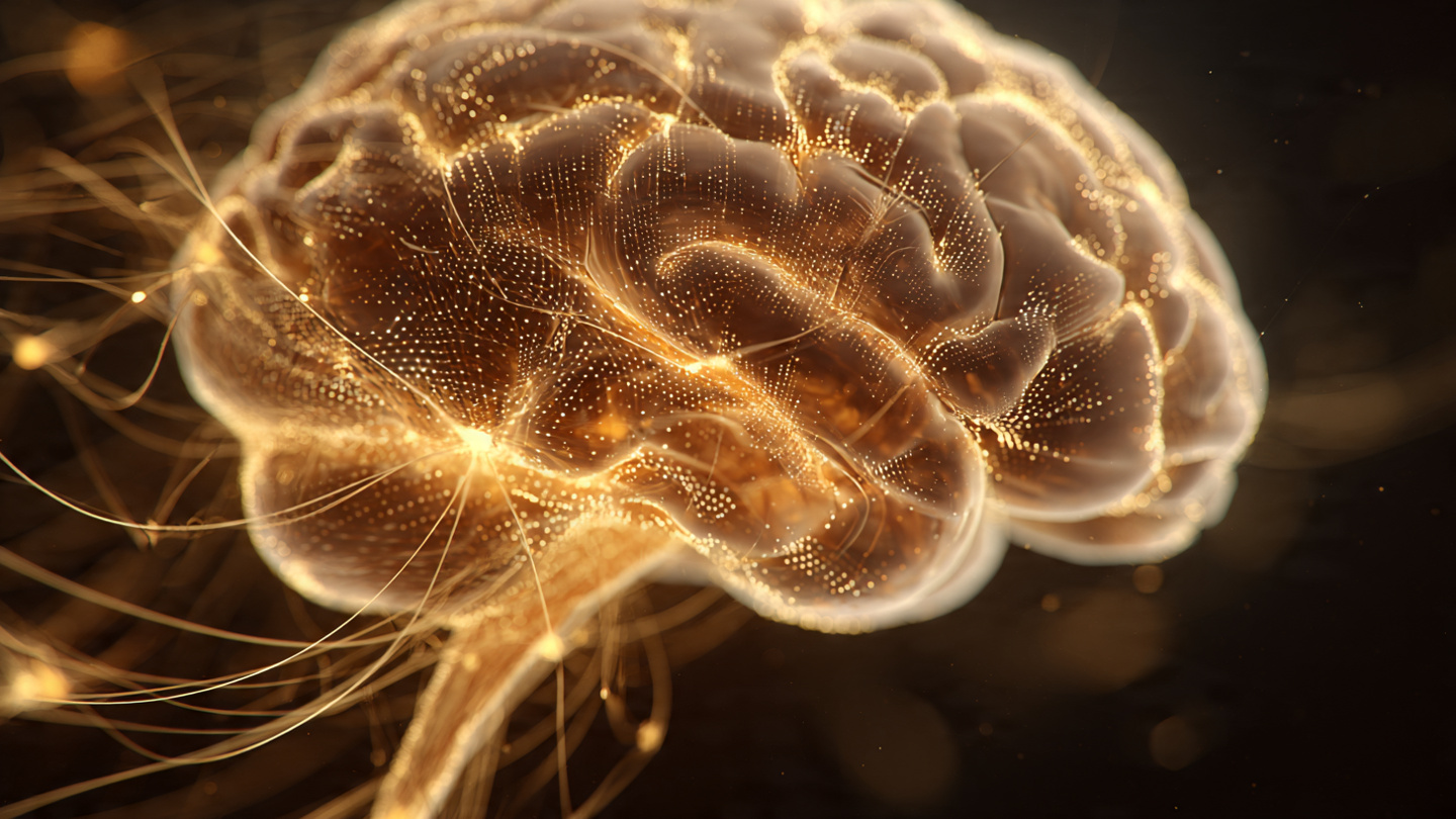  Close-up of a human brain rendered in soft golden light with neural pathways glowing and connecting, symbolizing neuroplasticity. Abstract but scientific, warm tones, inspirational tech-art style.