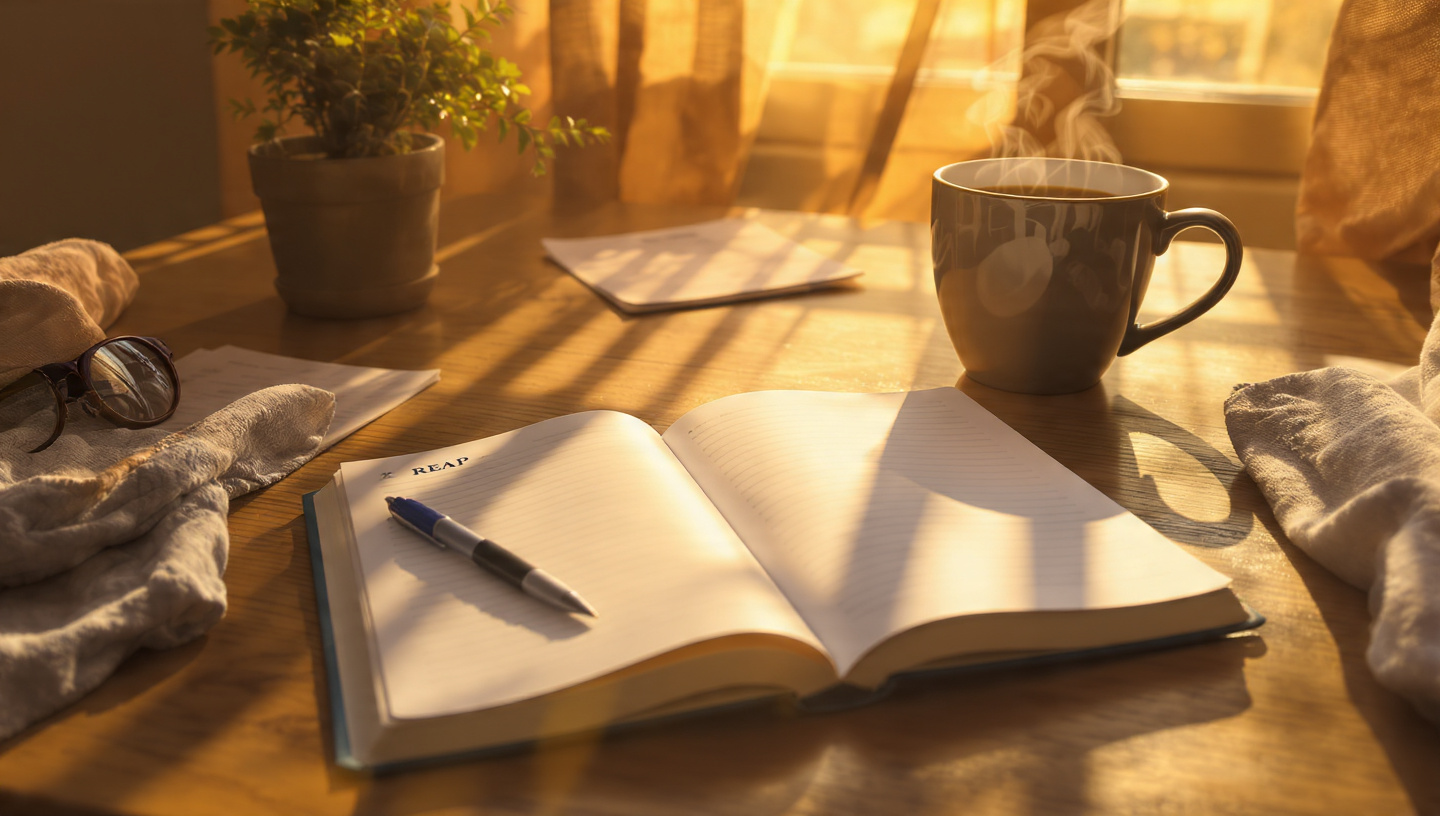 A peaceful morning scene—a journal, coffee cup, and soft sunlight on a wooden desk. Minimalist, warm, inviting. 