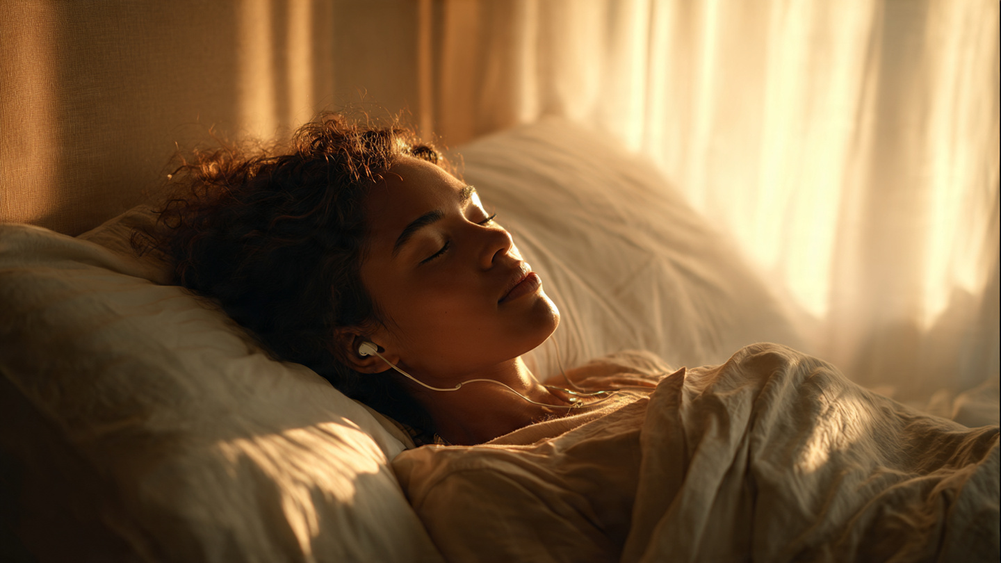 A peaceful morning scene: a person in their 30s lying in bed, propped up slightly on a soft white pillow, eyes gently closed or softly focused, wearing minimalist wireless earbuds. Soft golden sunrise light streams through sheer curtains, casting warm, diffused illumination across their face and rumpled linen sheets. A journal and pen rest nearby on the nightstand. 