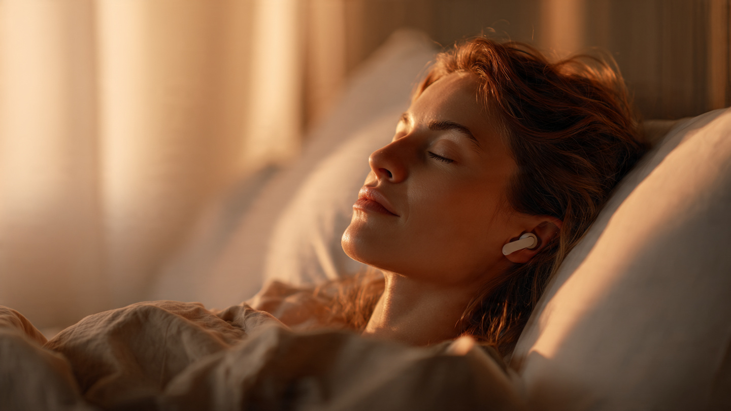 Person right after waking up in the morning with earbuds and reprogramming before the day installs chaos Person right after waking up in the morning with earbuds and reprogramming before the day installs chaos