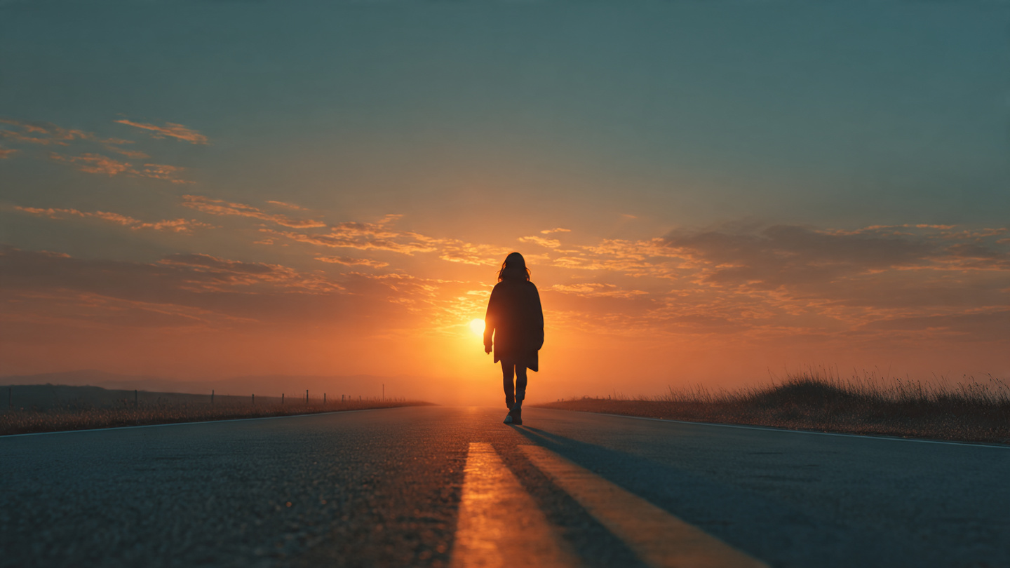 Silhouette of a person walking confidently toward a bright sunrise on an open road, symbolizing forward momentum and new beginnings. 