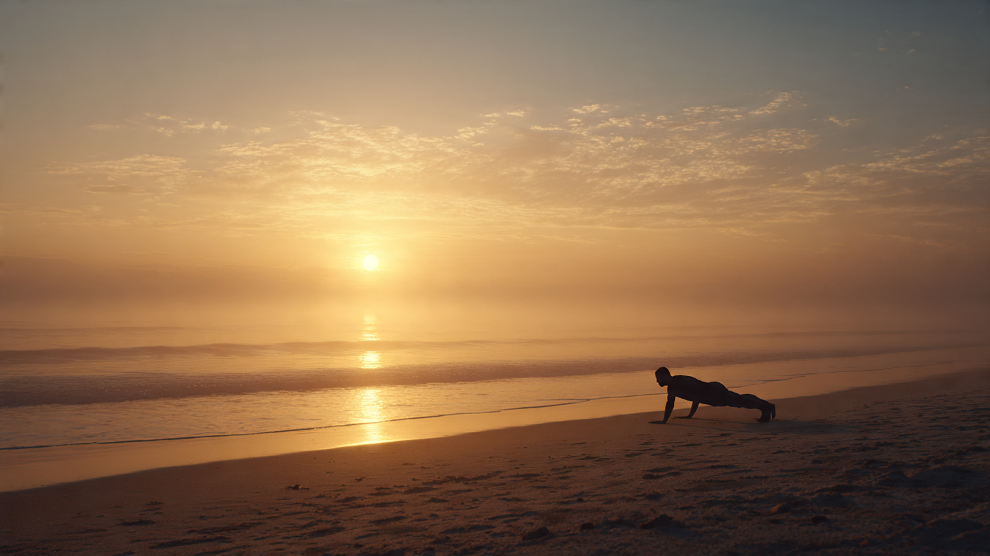 A serene sunrise over a calm ocean, with a single silhouette of a person in a plank position on a beach. Soft golden light, misty horizon, peaceful yet powerful mood. A serene sunrise over a calm ocean, with a single silhouette of a person in a plank position on a beach. Soft golden light, misty horizon, peaceful yet powerful mood.