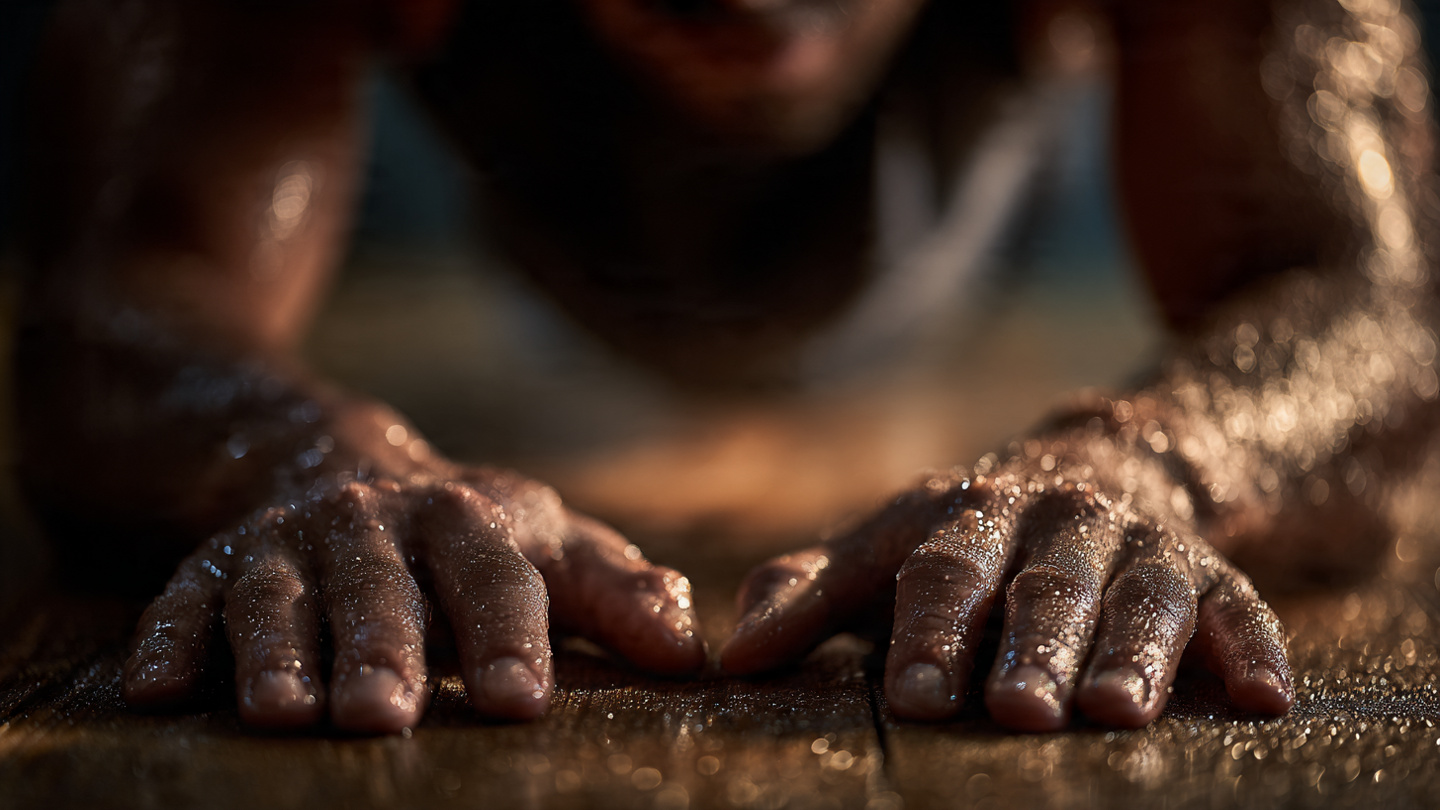 A person's hands gripping the floor in a plank position, sweat glistening, muscles engaged, shallow depth of field. Warm natural lighting, gritty yet inspiring texture. A person's hands gripping the floor in a plank position, sweat glistening, muscles engaged, shallow depth of field. Warm natural lighting, gritty yet inspiring texture.