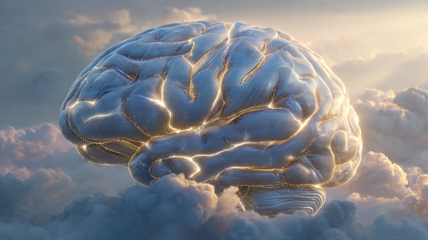 A human brain with soft golden neural pathways lighting up in patterns of harmony and connection, set against a peaceful dawn sky with gentle rays of light breaking through clouds. The brain appears calm, balanced, with subtle blue and gold energy flowing between hemispheres. Style: cinematic, hopeful, scientific yet spiritual, ultra-detailed, 8k resolution