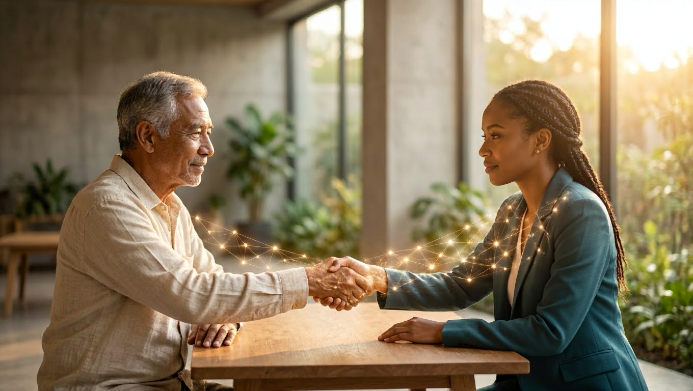 Two people from different backgrounds, shaking hands. Subtle, golden energy surounds them. symbolizing empathy and understanding. Background is softly blurred, warm natural light. 