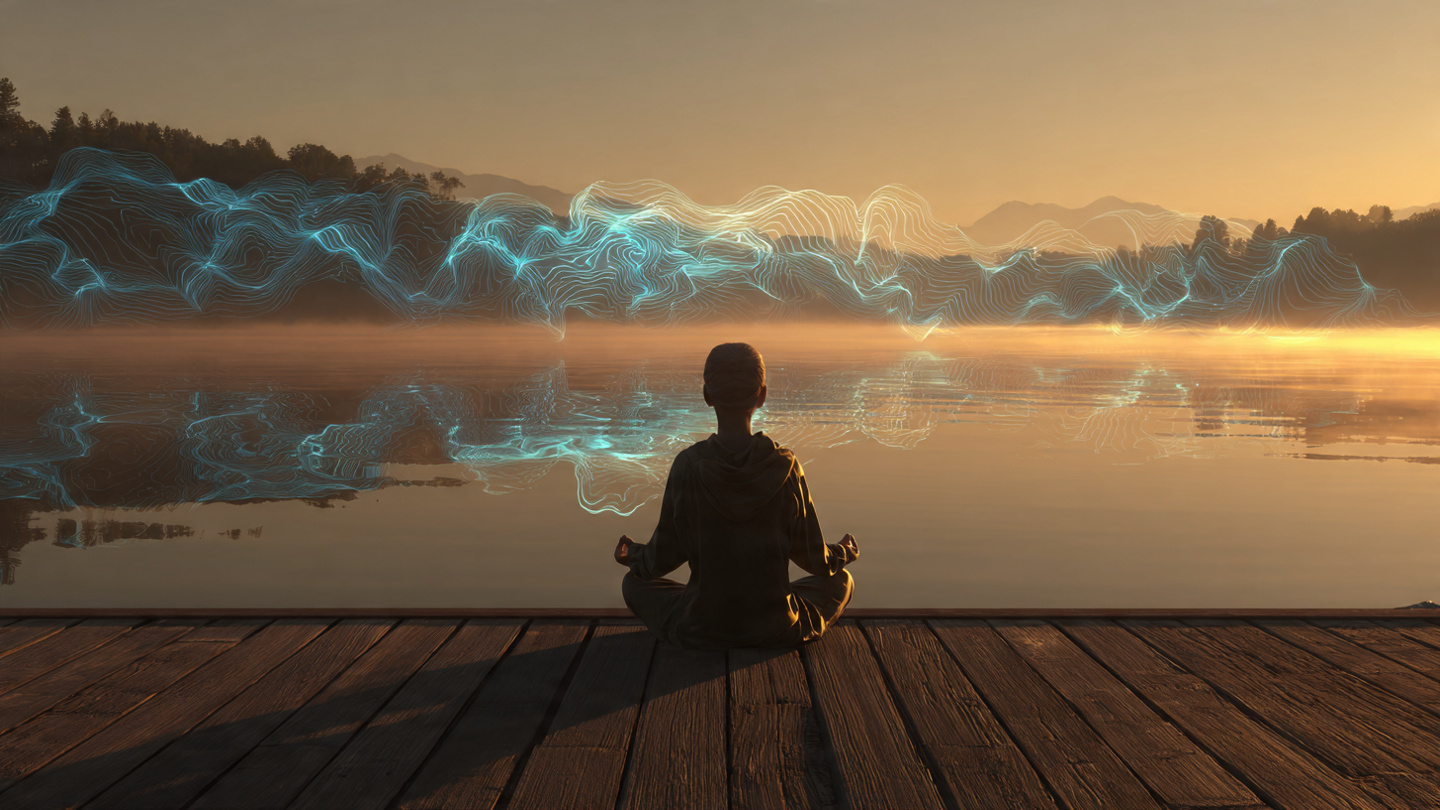 A person meditating peacefully at dawn, sitting cross-legged on a wooden deck overlooking a calm lake. Soft golden theta wave patterns subtly overlay the scene in translucent blue light. Mist rises gently from the water.