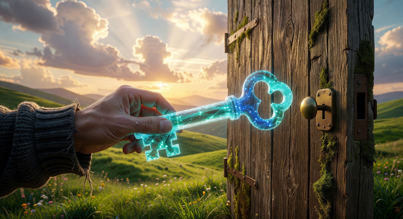 A hand holding a glowing, intricate key made of light and neural pathways. The key is unlocking a door that opens to a bright, peaceful horizon with soft clouds and golden light.