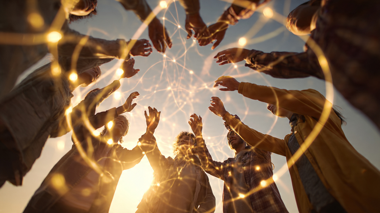 A circle of hands coming together at dawn shot from below as the hands swirl golden energy patterns between them A circle of hands coming together at dawn shot from below as the hands swirl golden energy patterns between them