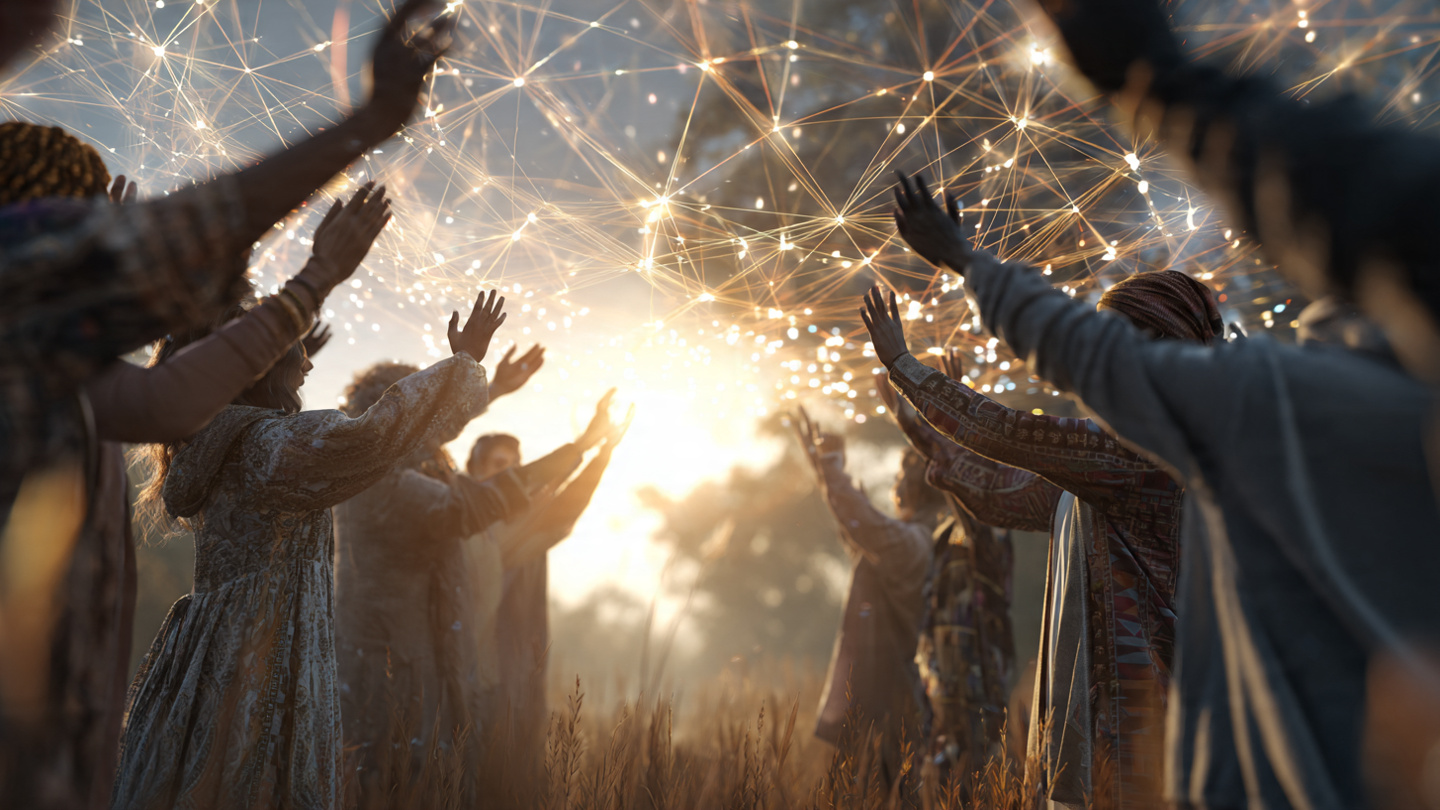 A diverse group of people standing in a circle, hands gently raised toward the center. Soft, interconnected golden light flows between them like neural networks, symbolizing communal energy and conscious connection. Background is a peaceful natural setting at sunrise.