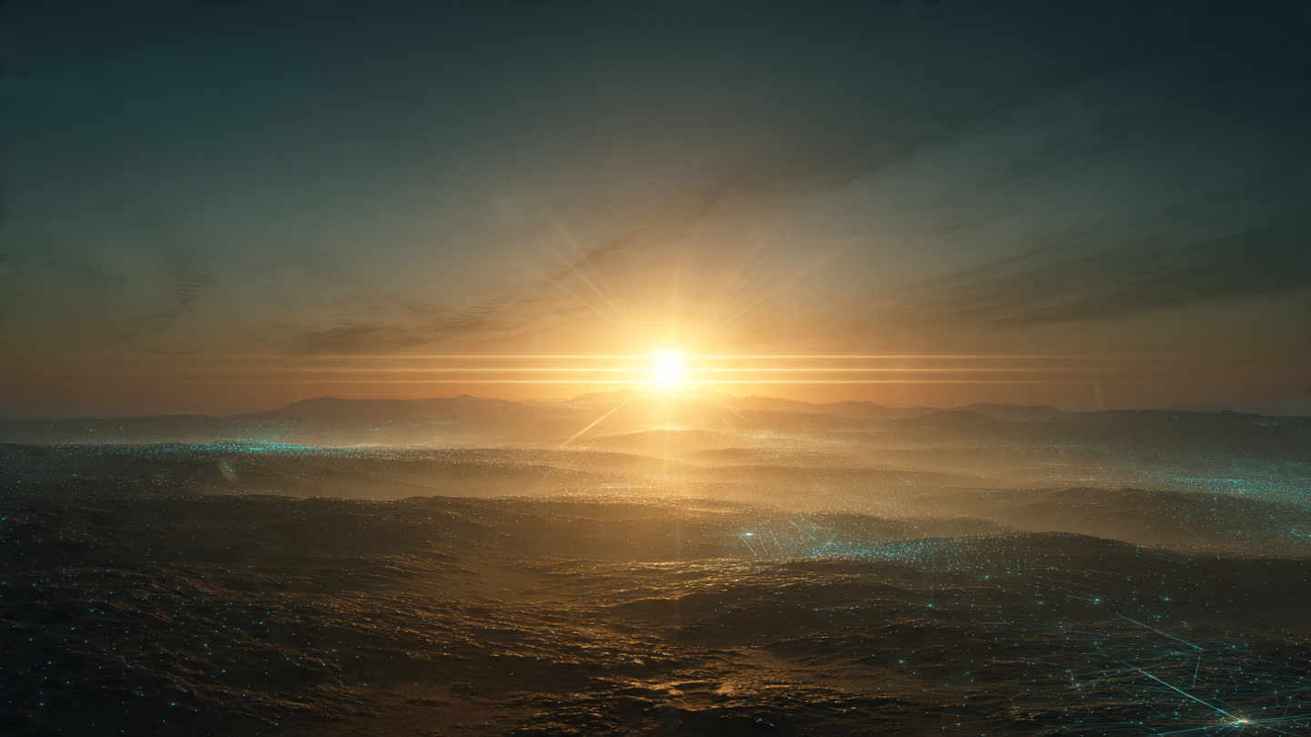A cinematic wide landscape at pre-dawn. A dark, misty earth transitions into a brilliant golden sunrise on the horizon. Woven through the soil and sky are subtle, glowing neural-network light patterns in soft gold and cyan, forming a clear upward path toward the light. Minimalist, highly atmospheric, 8k resolution, photorealistic digital art, evokes spiritual awakening, clarity, and resurrection. A cinematic wide landscape at pre-dawn. A dark, misty earth transitions into a brilliant golden sunrise on the horizon. Woven through the soil and sky are subtle, glowing neural-network light patterns in soft gold and cyan, forming a clear upward path toward the light. Minimalist, highly atmospheric, 8k resolution, photorealistic digital art, evokes spiritual awakening, clarity, and resurrection.