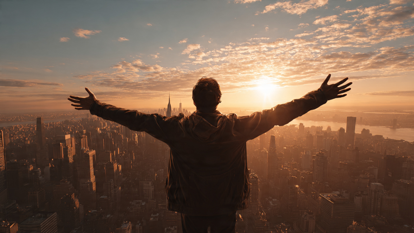 A man in his mid-30s standing on a rooftop at sunrise, arms wide open, city skyline behind him, golden light hitting his face, expression of absolute determination and breakthrough. A man in his mid-30s standing on a rooftop at sunrise, arms wide open, city skyline behind him, golden light hitting his face, expression of absolute determination and breakthrough.