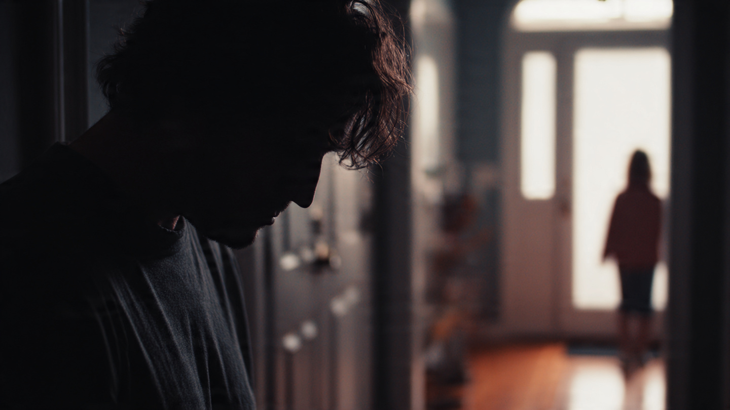 Silhouette of a broke 25-year-old man standing at a front door, head down in shame, blurred image of a little Girl Scout walking away, dim indoor light, raw emotion Silhouette of a broke 25-year-old man standing at a front door, head down in shame, blurred image of a little Girl Scout walking away, dim indoor light, raw emotion