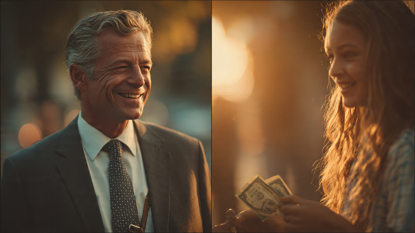 A split-screen image – left side: same man now 10 years older, sharp suit, confident smile, holding thick money clip; right side: same little Girl Scout now grown up smiling as he hands her cash – symbolic redemption moment. A split-screen image – left side: same man now 10 years older, sharp suit, confident smile, holding thick money clip; right side: same little Girl Scout now grown up smiling as he hands her cash – symbolic redemption moment.