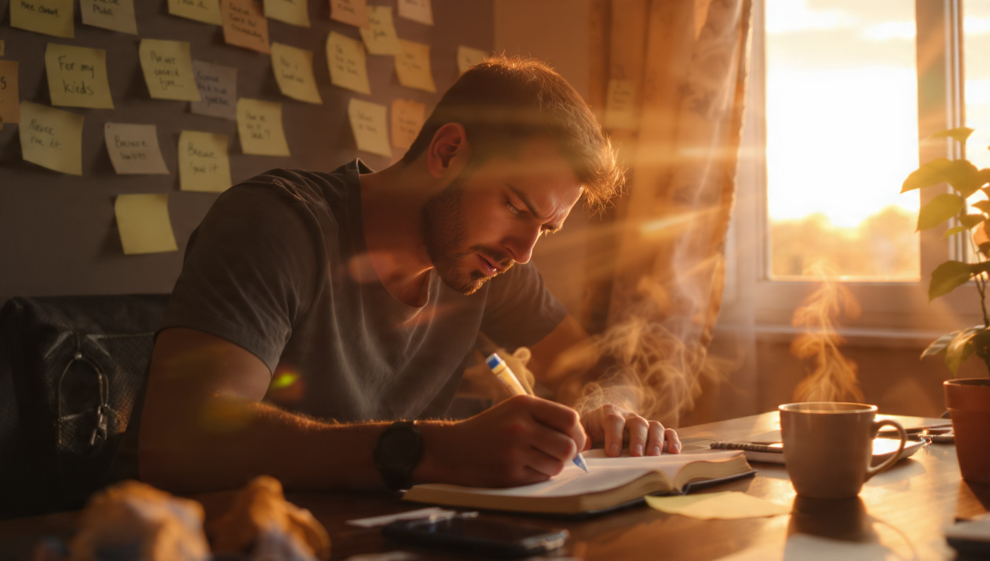 A determined person writing furiously in a journal at dawn, coffee steaming, sunrise through window, multiple sticky notes on wall that say “For my kids”, “Never again broke”, “Because I’m worth it”, high-energy focused vibe A determined person writing furiously in a journal at dawn, coffee steaming, sunrise through window, multiple sticky notes on wall that say “For my kids”, “Never again broke”, “Because I’m worth it”, high-energy focused vibe
