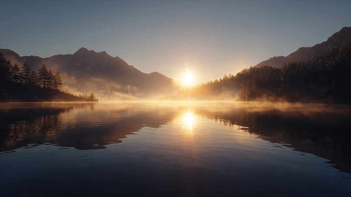 A sunrise over a perfectly still mountain lake, golden light reflecting on water, mist rising