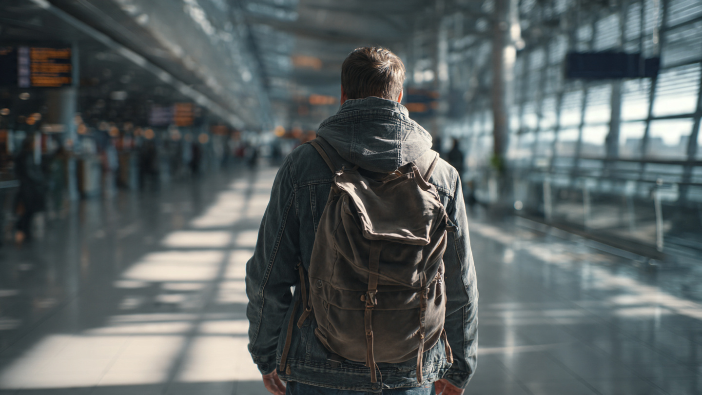A 35-year-old man with single canvas backpack walking away from camera through modern airport terminal toward bright natural light, shallow depth of field, letting go