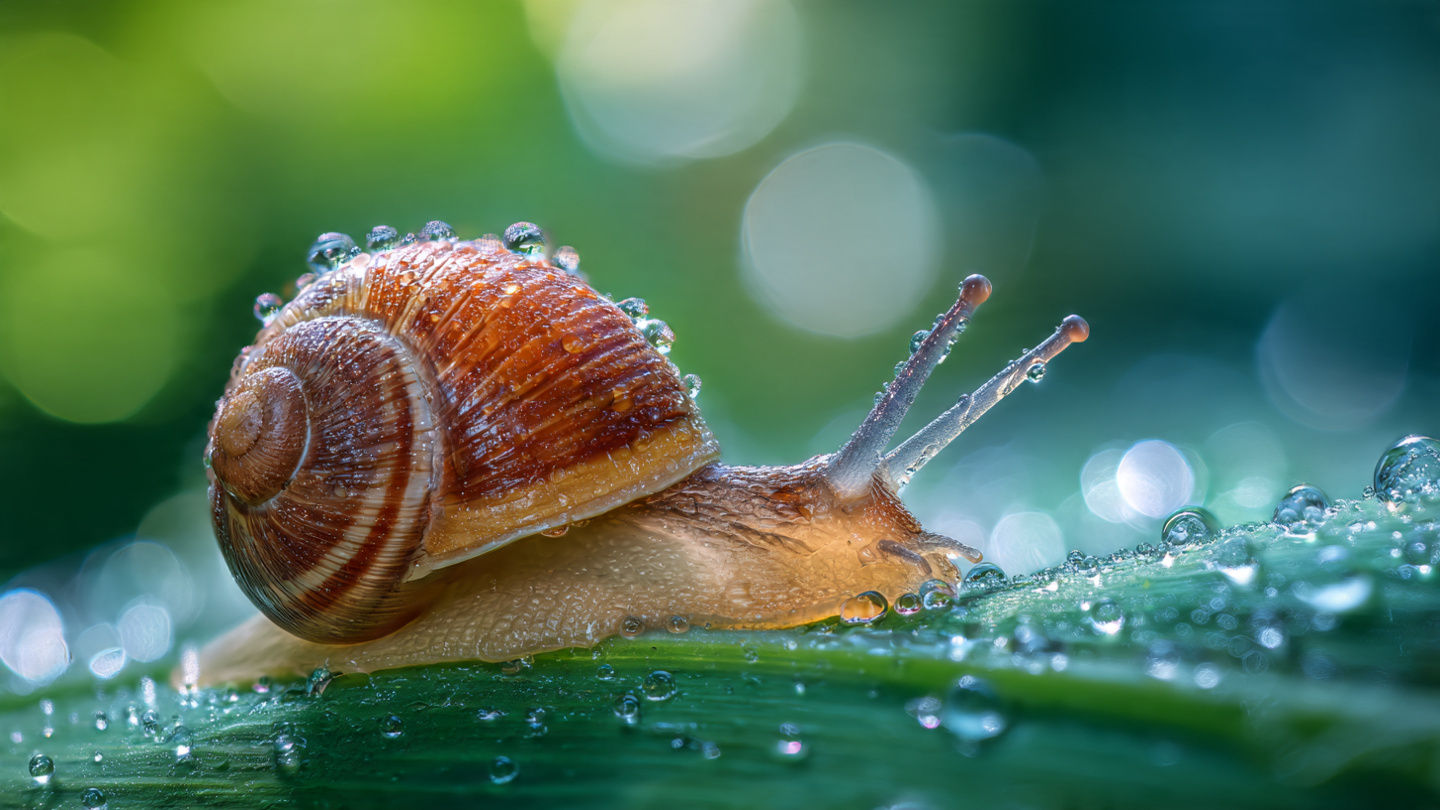 Extreme macro photorealistic of a large garden snail with shell, head extended, on a vibrant green leaf covered in morning dew drops, bokeh forest background, symbol of slowing down