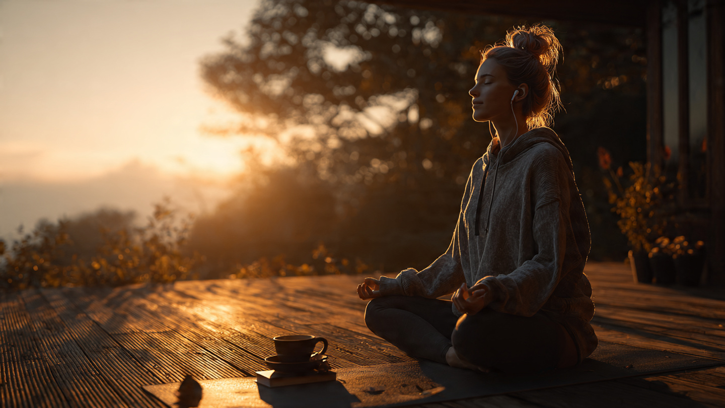 A young woman in her 30s at sunrise on yoga mat on wooden deck, wearing earbuds, eyes closed, smiling, journal, cup of tea beside her, golden hour, peaceful programming