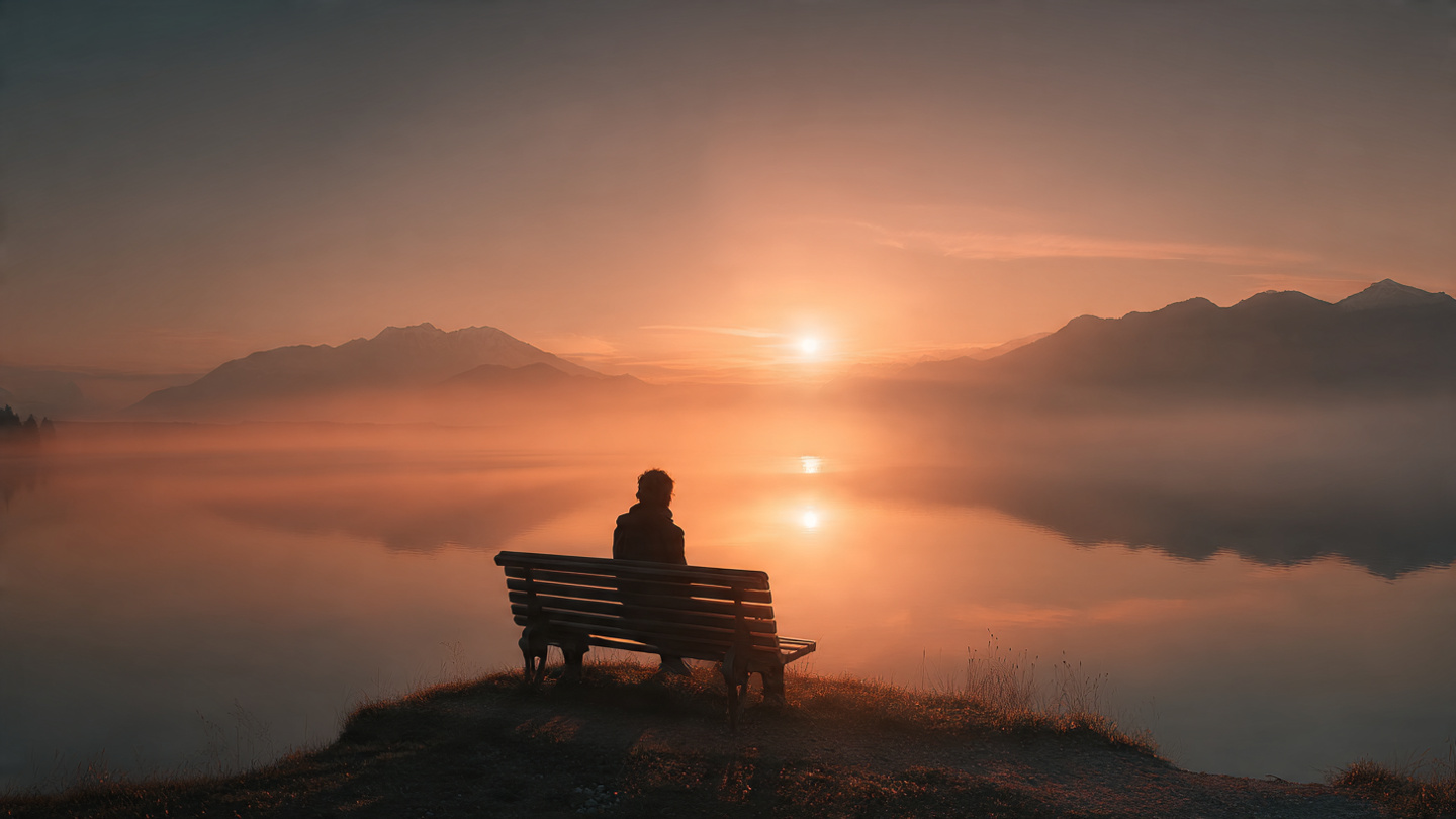 A silhouette of person sitting alone on wooden bench at sunrise overlooking a vast calm misty lake and mountains, powerful serene calm in control, creating reality, cinematic