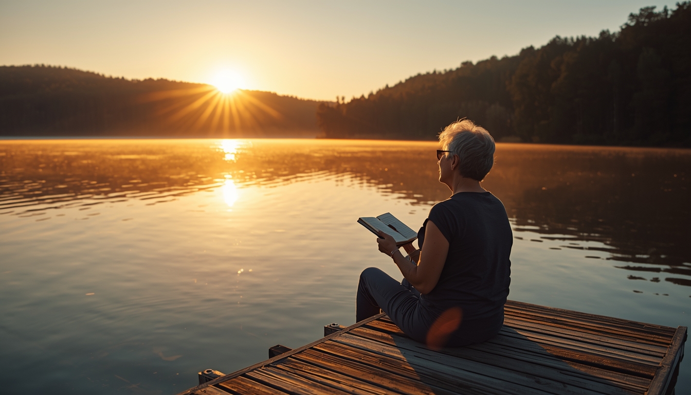 A serene sunrise scene with a person in their 60s or 70s sitting peacefully on a wooden dock overlooking a calm lake, holding a journal and supplement bottle, golden hour lighting, photorealistic, warm tones, sense of vitality and peaceful strength. A serene sunrise scene with a person in their 60s or 70s sitting peacefully on a wooden dock overlooking a calm lake, holding a journal and supplement bottle, golden hour lighting, photorealistic, warm tones, sense of vitality and peaceful strength.