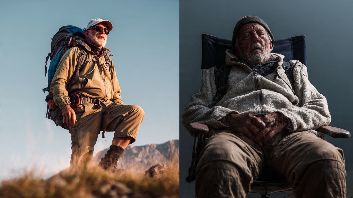 Split comparison image showing two people of similar age (around 75): one vibrant and active hiking on a mountain trail with energy and strength, the other sitting tiredly in a chair looking fatigued, photorealistic, natural lighting, emotional contrast. Split comparison image showing two people of similar age (around 75): one vibrant and active hiking on a mountain trail with energy and strength, the other sitting tiredly in a chair looking fatigued, photorealistic, natural lighting, emotional contrast.
