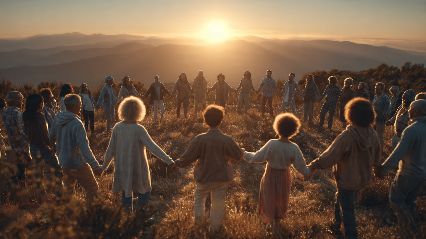 A diverse group of people of various ages (30s to 70s) gathered in a circle outdoors at sunrise, holding hands or in meditation pose, golden light illuminating their faces, sense of community and collective intention, mountains or forest in background, photorealistic, inspirational and uplifting A diverse group of people of various ages (30s to 70s) gathered in a circle outdoors at sunrise, holding hands or in meditation pose, golden light illuminating their faces, sense of community and collective intention, mountains or forest in background, photorealistic, inspirational and uplifting
