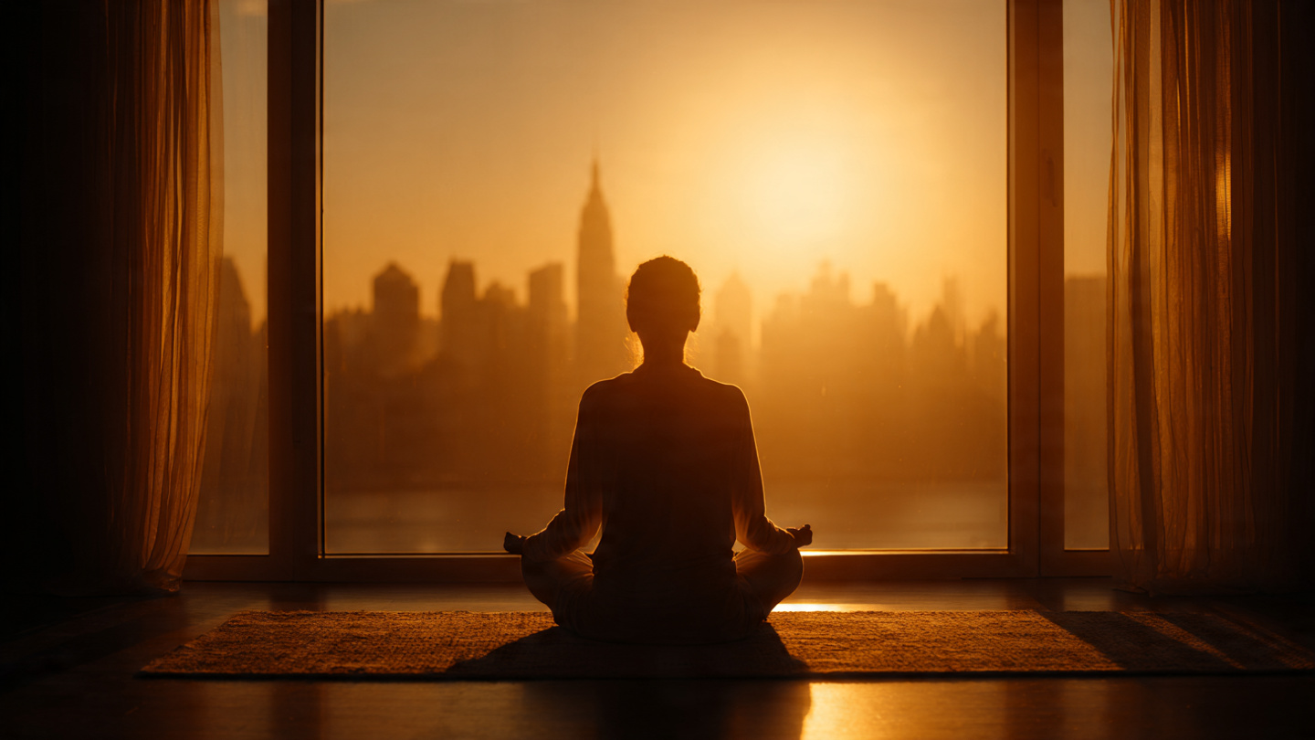 A person sitting cross-legged in meditation at dawn, silhouetted against a window showing a city skyline just waking up. Soft golden morning light streams through the window, creating a halo effect around the person. The room is minimal and peaceful. The person appears calm and centered, eyes closed, hands resting on knees. Cinematic lighting, shallow depth of field.