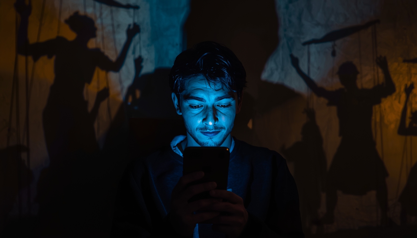 A person holding a smartphone in a dark room, the blue light from the screen illuminating their face showing a look of realization or awakening. Behind them, projected on the wall, are shadowy puppet-like figures manipulating strings, representing the "cave" concept. 