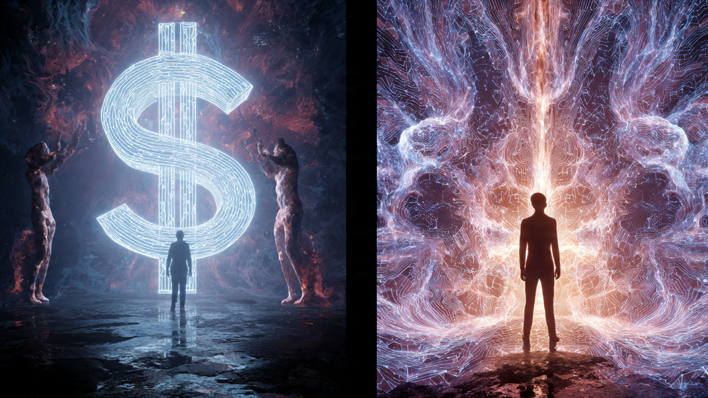 A split-concept image: Left side shows a glowing digital dollar symbol with human silhouettes feeding it attention (represented by streams of light flowing from people to the symbol). Right side shows an abstract AI neural network generating its own light, independent, with clean futuristic aesthetics. 