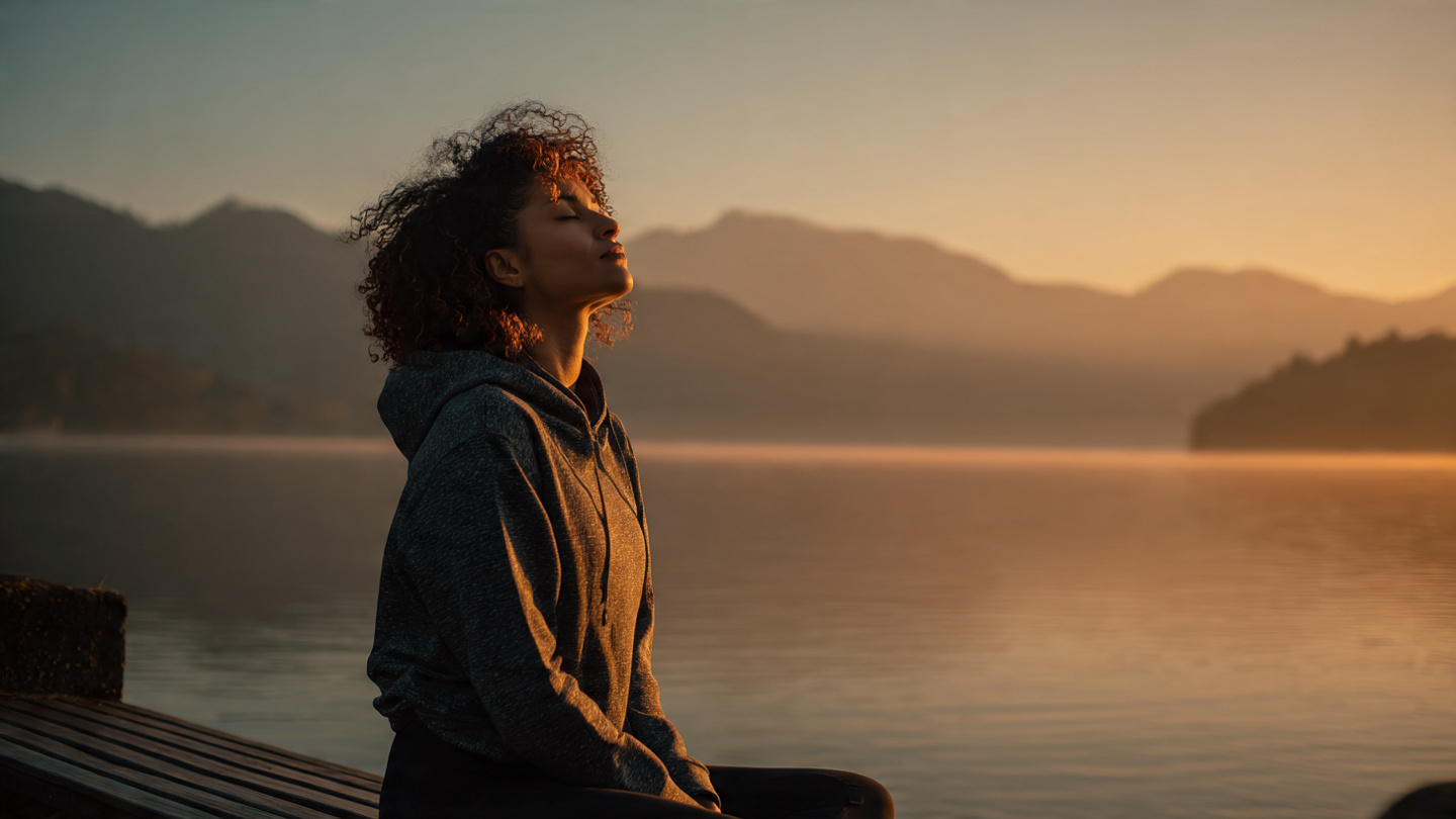 A person at sunrise sitting on a bench overlooking a beautiful misty lake, mountains in the background. The person appears peaceful, powerful, and in control, eyes closed or gazing at the horizon, taking a deep breath. Golden hour lighting creates a warm, serene atmosphere. The water is perfectly still, reflecting the sky. 