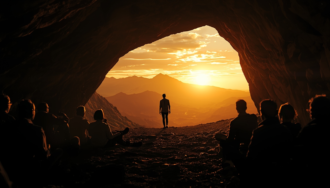 A person standing at the mouth of a cave, one foot still in shadow, one foot in brilliant sunlight. Behind them, shadowy figures sit watching screens; ahead, an expansive landscape of mountains and sky at golden hour. The person looks peaceful, resolved, stepping forward. Dramatic chiaroscuro lighting, symbolic composition, hopeful and empowering. Style: Cinematic editorial photography, transformative journey, light overcoming shadow.