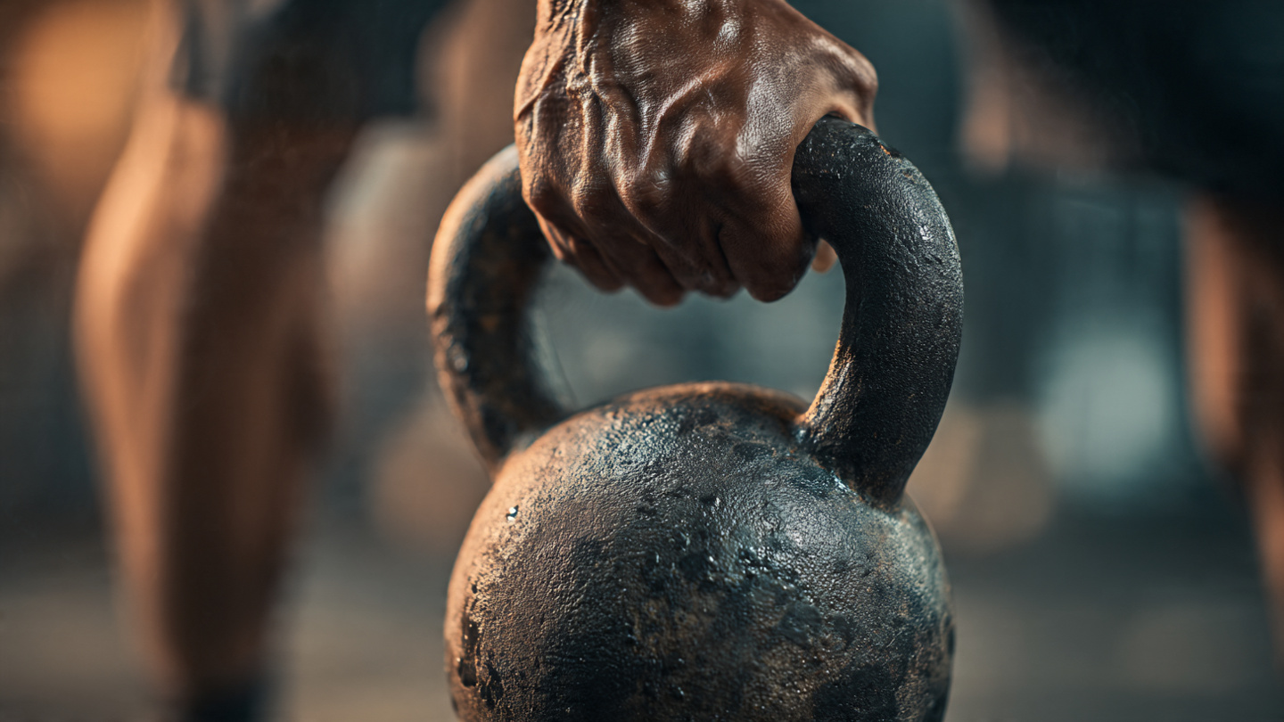 Close up flexed hand holding kettle bell mid swing Close up flexed hand holding kettle bell mid swing