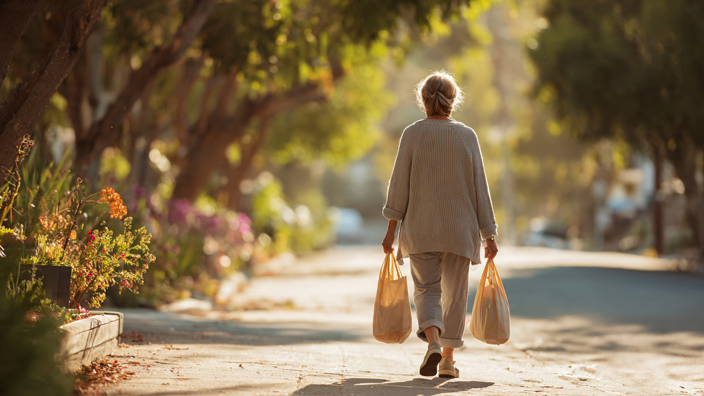 Senior woman carrying heavy grocery bags down sidewalk during golden hour practicing her farmers carries what a great feeling Senior woman carrying heavy grocery bags down sidewalk during golden hour practicing her farmers carries what a great feeling