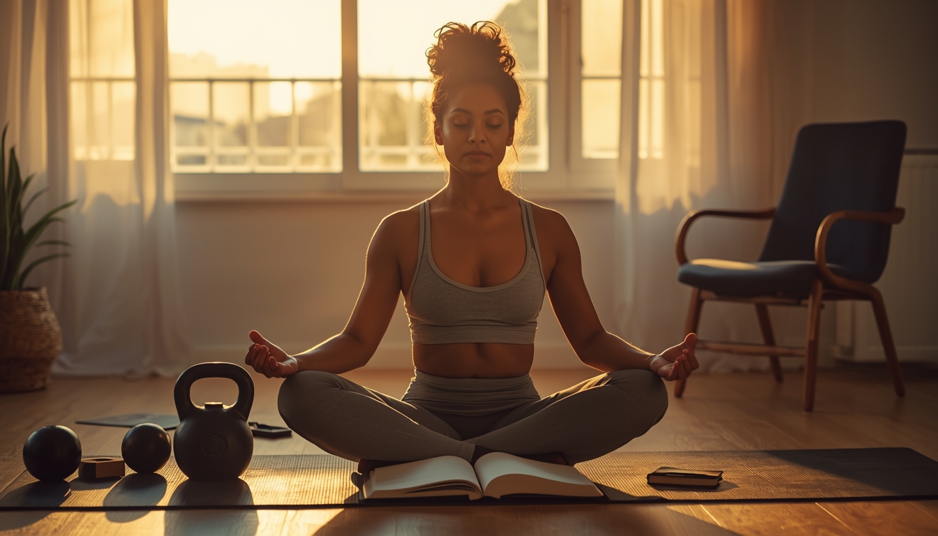 A peaceful morning scene of a diverse person sitting cross-legged on a yoga mat at sunrise, journal open beside them, a kettlebell nearby, soft golden light filtering through a window, embodying the integration of mindful movement and conscious intention A peaceful morning scene of a diverse person sitting cross-legged on a yoga mat at sunrise, journal open beside them, a kettlebell nearby, soft golden light filtering through a window, embodying the integration of mindful movement and conscious intention