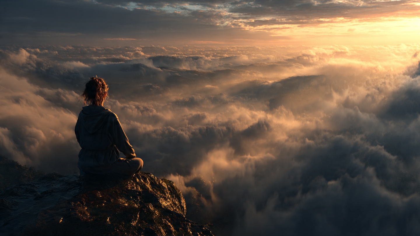 A serene sunrise scene showing a person sitting peacefully on a mountaintop, eyes closed in meditation, with golden light breaking through clouds. The person appears calm and awakened, surrounded by mist. inspirational and peaceful atmosphere. A serene sunrise scene showing a person sitting peacefully on a mountaintop, eyes closed in meditation, with golden light breaking through clouds. The person appears calm and awakened, surrounded by mist. inspirational and peaceful atmosphere.