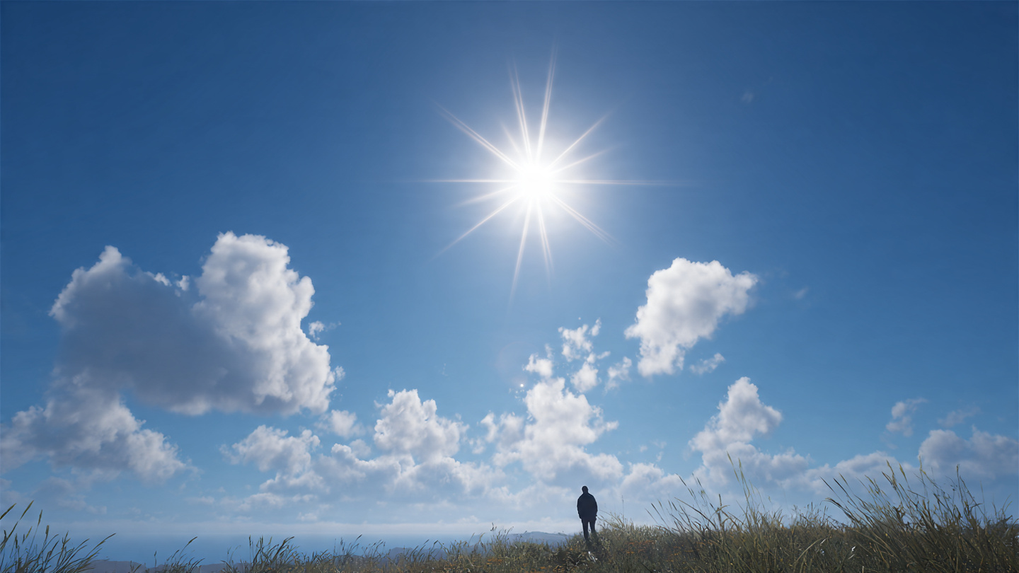 A brilliant sun already fully risen in a clear sky, with a person below looking up in recognition rather than waiting. The metaphor: the sun was always shining, clouds just obscured it. peaceful daytime scene A brilliant sun already fully risen in a clear sky, with a person below looking up in recognition rather than waiting. The metaphor: the sun was always shining, clouds just obscured it. peaceful daytime scene