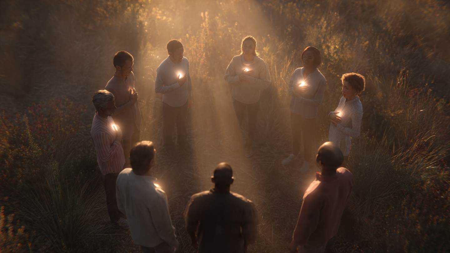 Multiple diverse people (different ages, ethnicities, genders) standing in a circle, each with the same soft golden light visible in their eyes and heart center. The light connects them all visually. Outdoor natural setting. Multiple diverse people (different ages, ethnicities, genders) standing in a circle, each with the same soft golden light visible in their eyes and heart center. The light connects them all visually. Outdoor natural setting.