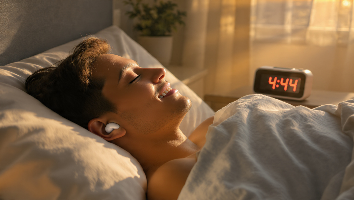 A person lying in bed, eyes gently closed, soft smile on face, wireless earbuds in ears. Digital alarm clock on nightstand clearly shows 4:44 AM in warm red numerals. Golden sunrise light streaming through window, illuminating their face. Cozy blankets, peaceful bedroom. A person lying in bed, eyes gently closed, soft smile on face, wireless earbuds in ears. Digital alarm clock on nightstand clearly shows 4:44 AM in warm red numerals. Golden sunrise light streaming through window, illuminating their face. Cozy blankets, peaceful bedroom.