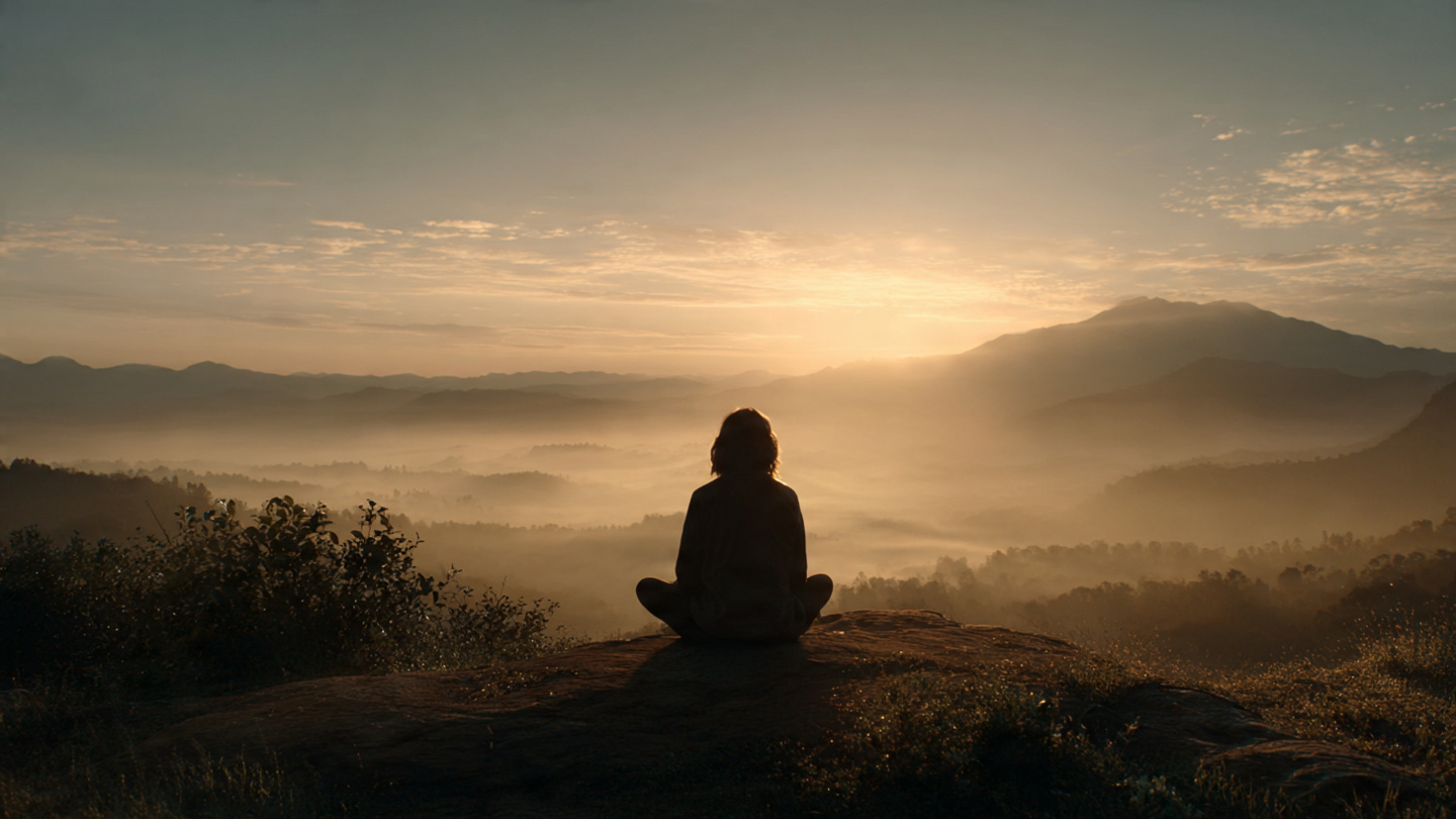 person sitting in meditation at dawn, silhouetted against a soft golden sunrise over a misty mountain landscape. The person's form is slightly translucent, suggesting the dissolution of ego, with subtle light emanating from within. Cinematic lighting, peaceful atmosphere person sitting in meditation at dawn, silhouetted against a soft golden sunrise over a misty mountain landscape. The person's form is slightly translucent, suggesting the dissolution of ego, with subtle light emanating from within. Cinematic lighting, peaceful atmosphere
