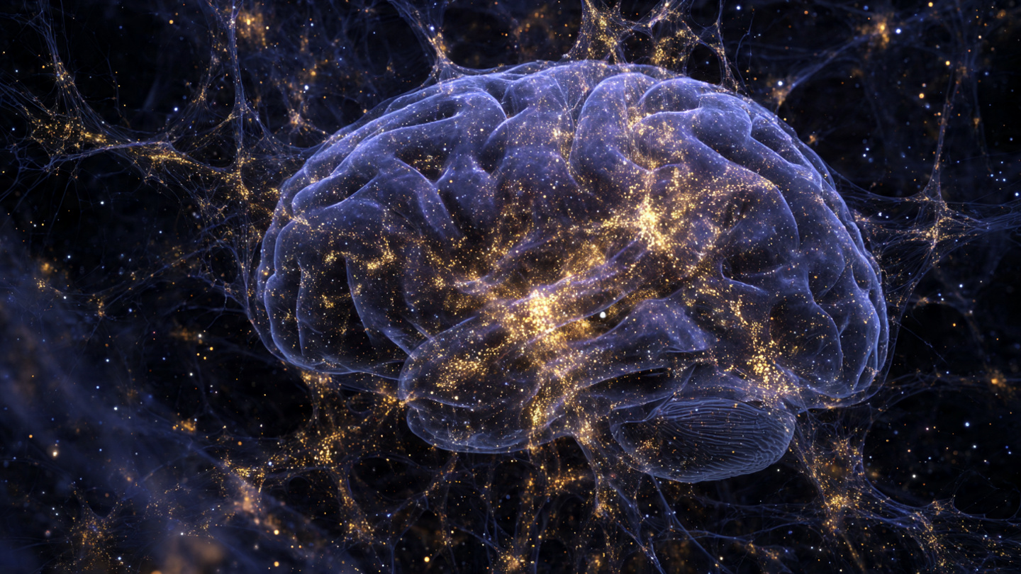 a human brain's neural network overlaid with a cosmic web of galaxies and dark matter filaments, showing the striking visual similarity between neurons and the universe's structure. a human brain's neural network overlaid with a cosmic web of galaxies and dark matter filaments, showing the striking visual similarity between neurons and the universe's structure.