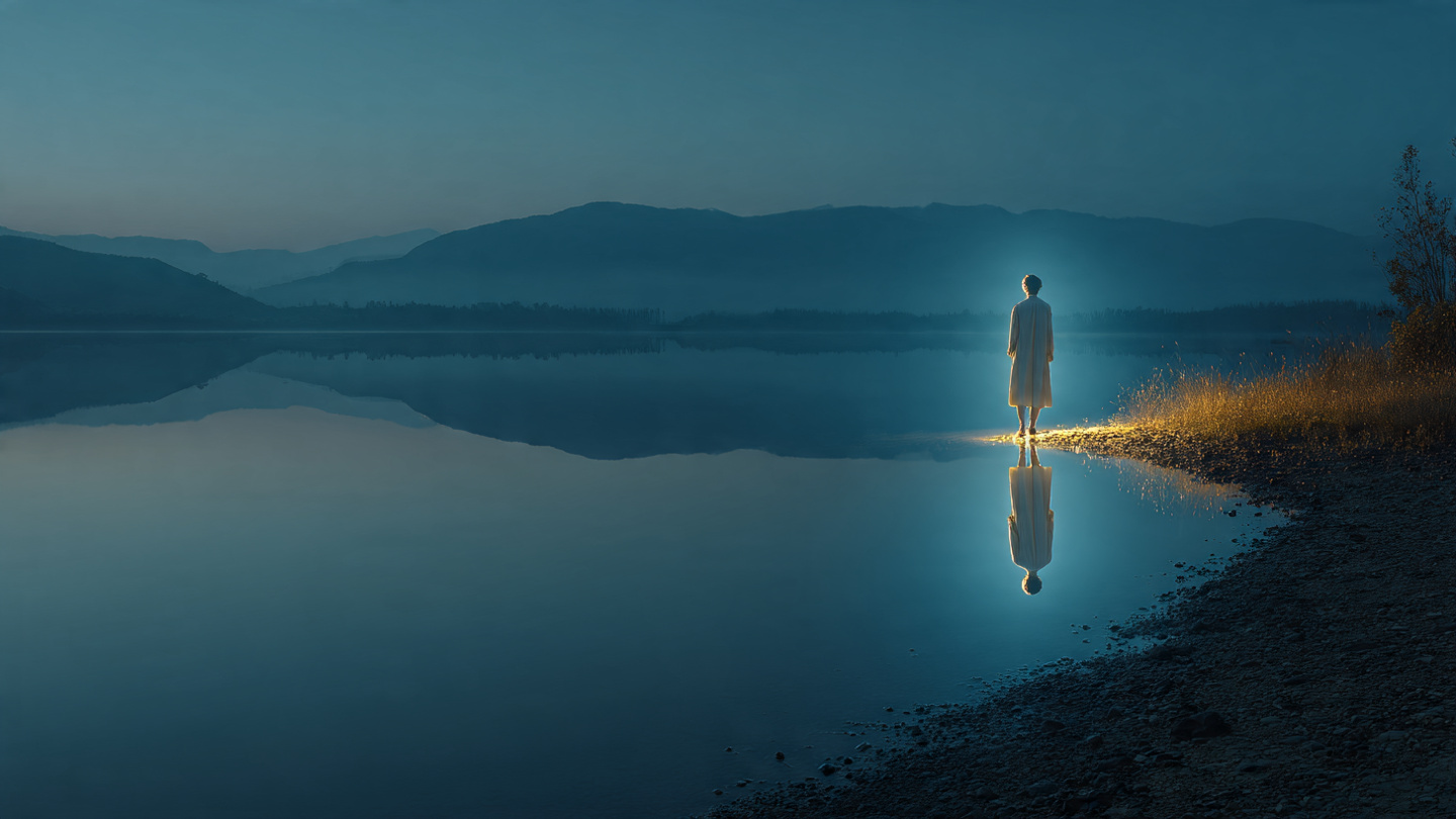 a person standing at the edge of a calm lake at twilight, their reflection perfectly mirrored in the water, but the reflection shows them dissolving into pure light while the physical form remains solid. Symbolizing the recognition of awareness beyond form. a person standing at the edge of a calm lake at twilight, their reflection perfectly mirrored in the water, but the reflection shows them dissolving into pure light while the physical form remains solid. Symbolizing the recognition of awareness beyond form.