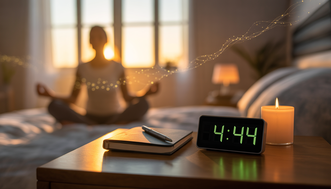 Minimalist bedroom digital clock showing 444 with a scented candle person's silhouette in the morning sunlight meditating Atherol waves of energy in the air Minimalist bedroom digital clock showing 444 with a scented candle person's silhouette in the morning sunlight meditating Atherol waves of energy in the air