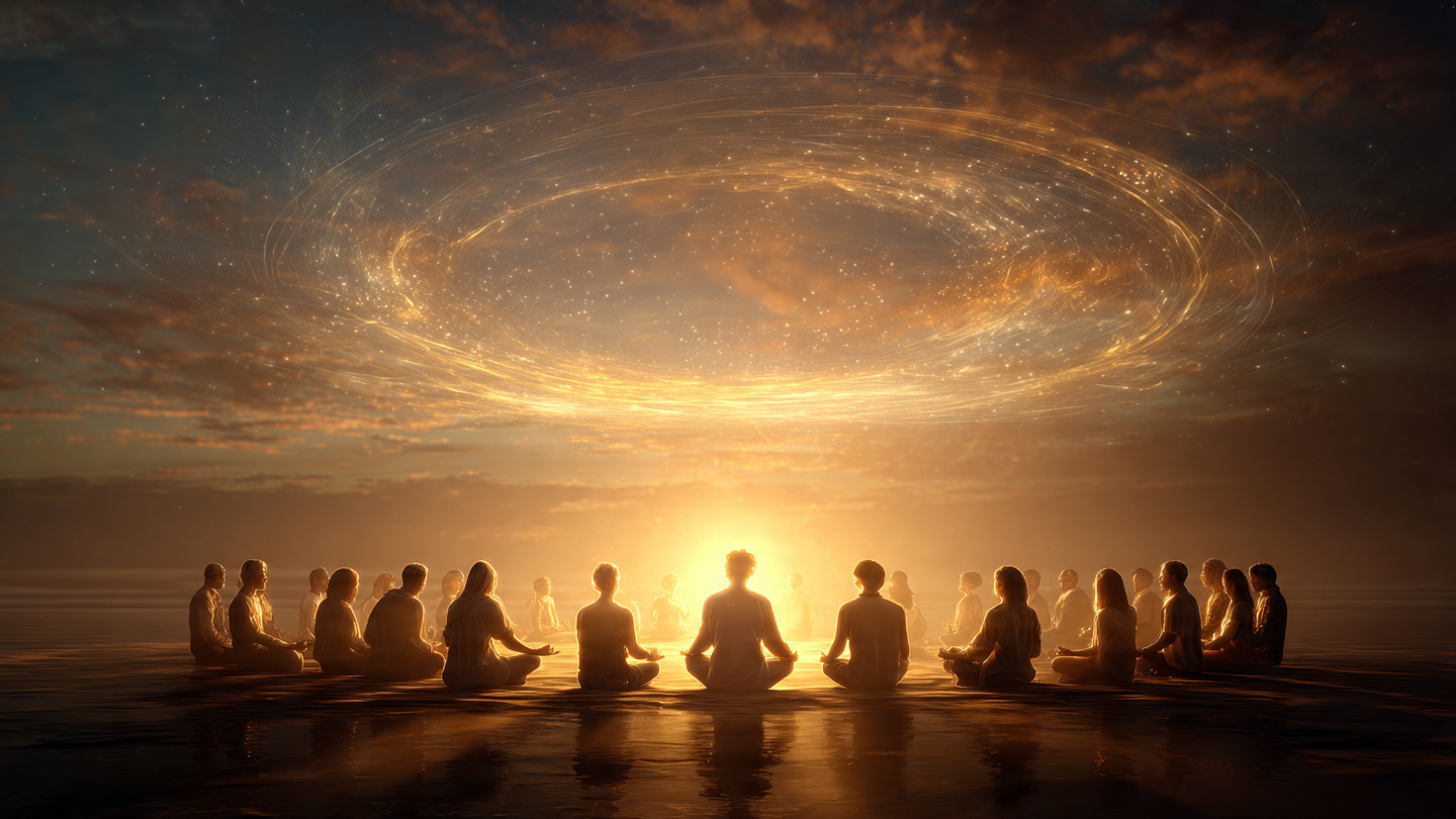 a diverse group of people sitting in a circle at sunrise on a beach, each person glowing with subtle inner light, their individual auras merging into one unified field of golden energy above them. Representing collective awakening and interconnected consciousness. a diverse group of people sitting in a circle at sunrise on a beach, each person glowing with subtle inner light, their individual auras merging into one unified field of golden energy above them. Representing collective awakening and interconnected consciousness.