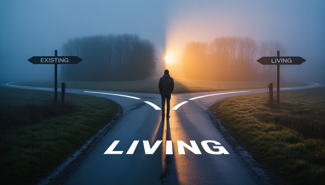 a person standing at a crossroads at dawn, one path dark and foggy labeled 'Existing,' the other path bright with golden light labeled 'Living,' cinematic lighting, motivational atmosphere a person standing at a crossroads at dawn, one path dark and foggy labeled 'Existing,' the other path bright with golden light labeled 'Living,' cinematic lighting, motivational atmosphere