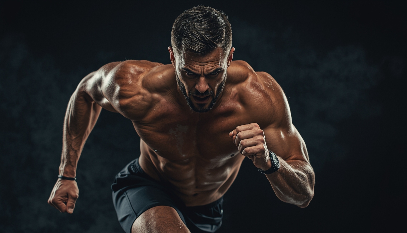 Professional shots of athletic male mid stride muscle sinewy and sweating oozing determination grit and discipline Professional shots of athletic male mid stride muscle sinewy and sweating oozing determination grit and discipline